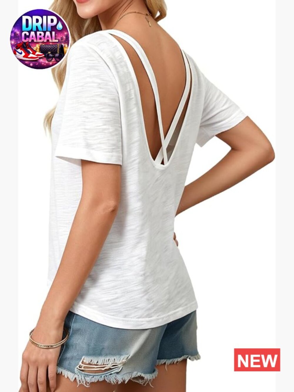 Open Back Boat Neck Short Sleeve Tee with Criss Cross Straps